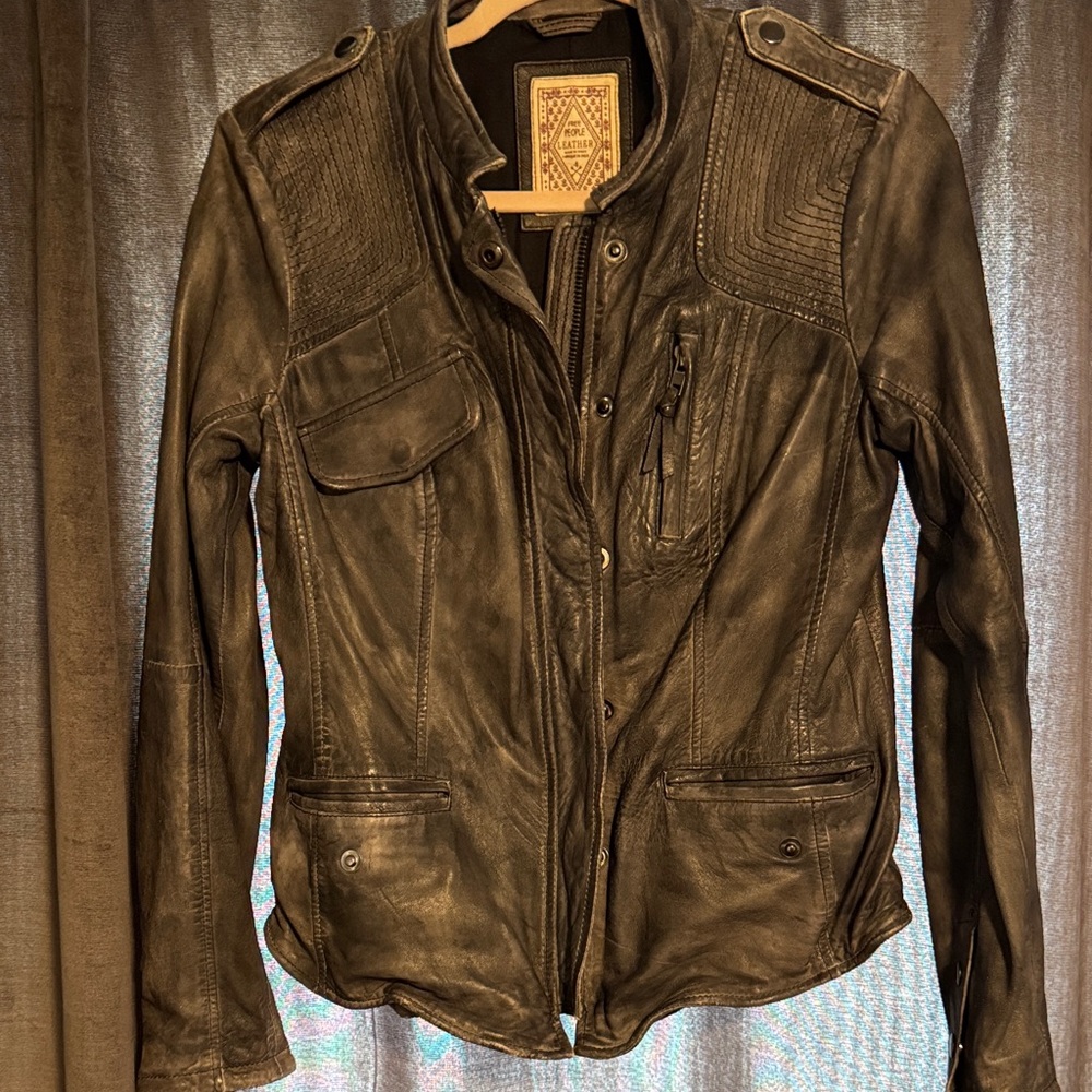🏍️ Free People Grey Distressed Leather Utility Jacket